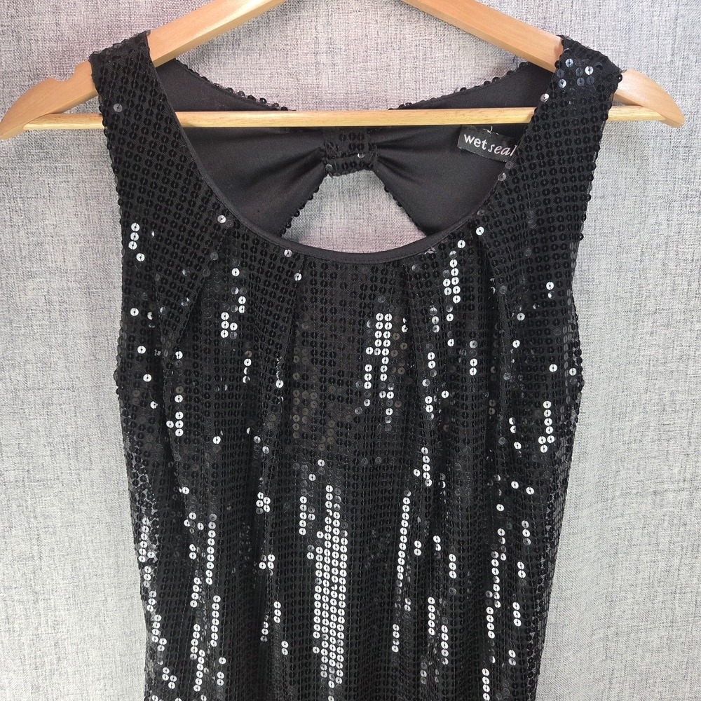 Wet Seal Women's XS Black Sleeveless Sequin VTG Bow Back Mini Dress Whimsygoth